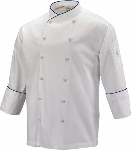 Scoop Neck Jacket.  Color: White with Royal Blue Piping on Neck and Cuffs.  1X.